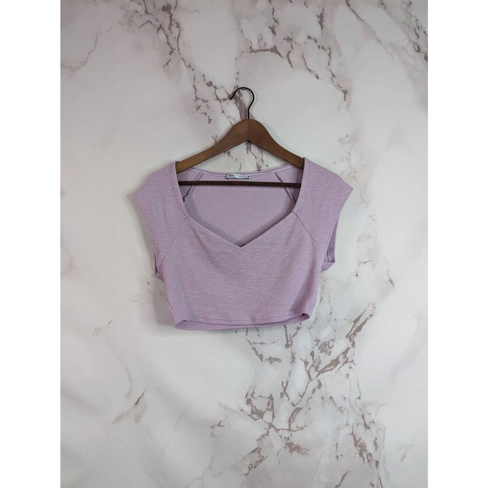 Zara Crop Top Women Large Purple Short Sleeve Ribbed Sweetheart V Neck Shirt